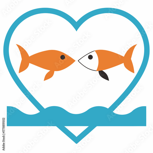 Two fish kissing inside a heart shape with water waves below  