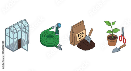 Gardening essentials in isometric style greenhouse, hose, soil, plant, tools