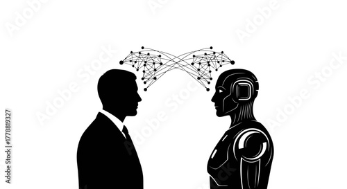 Futuristic collaboration featuring human and AI sharing neural network connection, offering innovative business solutions and technology advancement concepts
