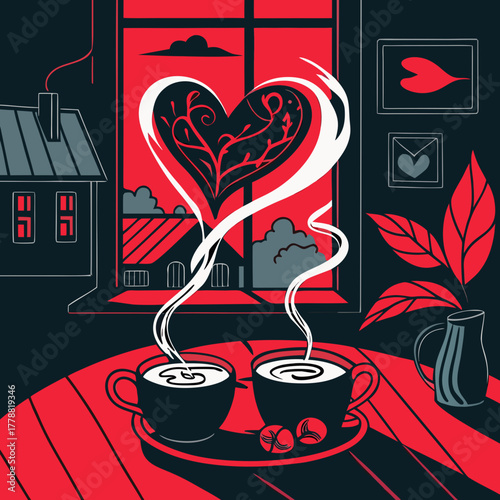 Cozy coffee cups with heart-shaped steam in a warm interior  