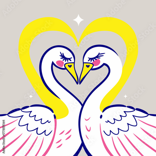 Two swans forming a heart shape with pastel colors in a modern design  