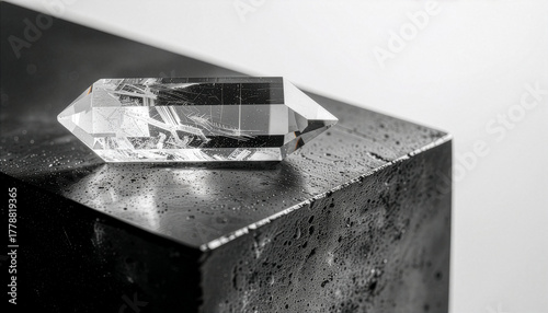 Ultra-detailed macro of a quartz crystal on a wet black block