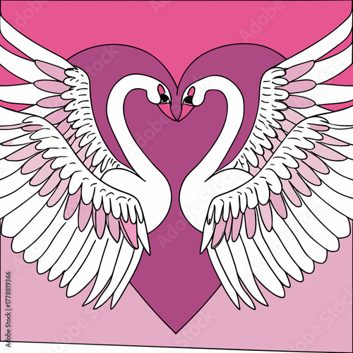 Two swans forming a heart shape with wings in pink tones  