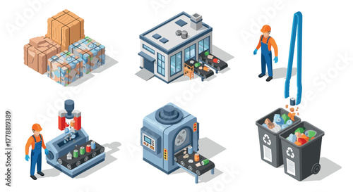Isometric recycling facility and workers with modern waste processing equipment