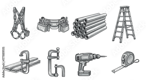 Handdrawn construction tools harness, fasteners, ladder, drill, and more