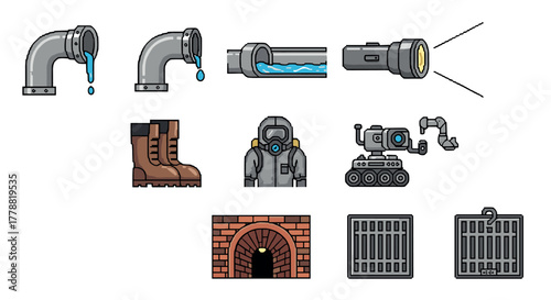 Pixel art style pipe and equipment set for industrial and robotics themes