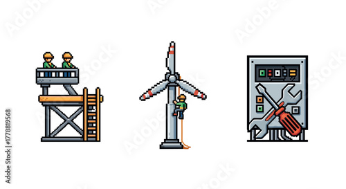 Pixel art renewable energy and construction icons with technicians