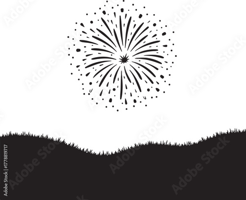 Black silhouette fireworks exploding over dark grass