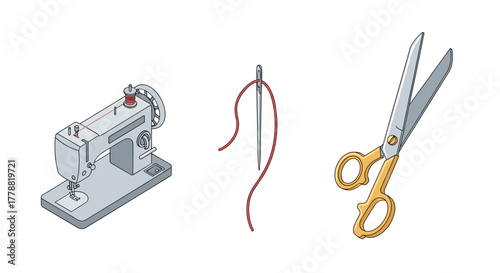 Sewing tools set featuring isometric sewing machine, threaded needle, and scissors