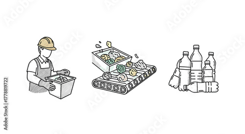 Recycling process with worker sorting, conveyor belt, and bottles