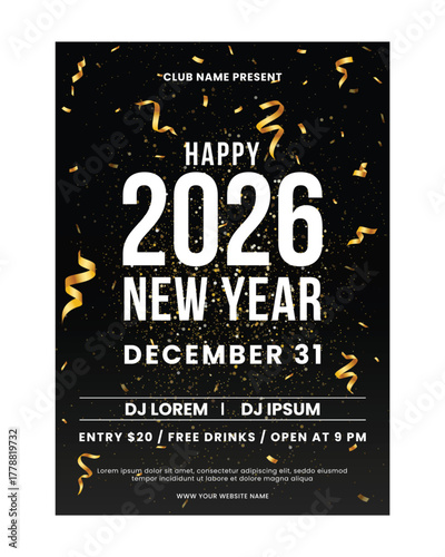 Happy New Year poster design. New Year's party celebration. Music event background design. Vector illustration