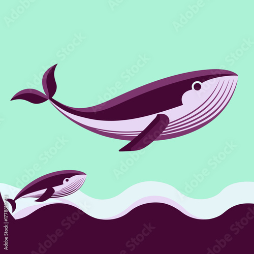 Two whales swimming in abstract sea design with pastel colors  