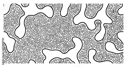 Organic blobs with dense squiggle maze texture abstract black and white seamless vector background