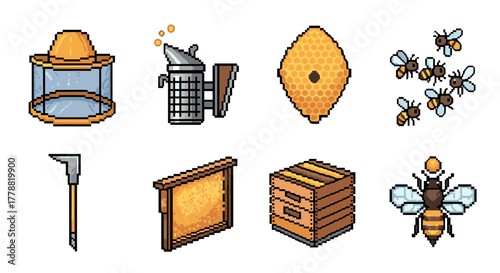 Pixel art beekeeping tools and bees retro style collection for honey enthusiasts