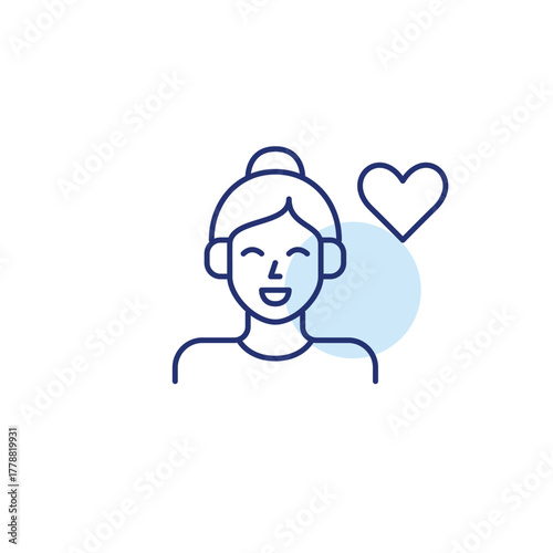 Woman in headphones and heart. Passion for music and podcasts, trusted sound, songs library. Pixel perfect, editable stroke vector icon
