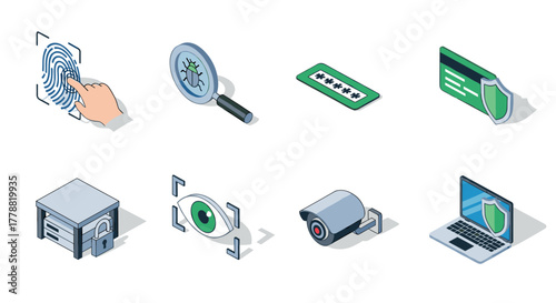 Isometric security icons fingerprint, cyber defense, surveillance, password protection