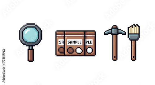 Archaeology tools in pixel art style with magnifying glass, samples, and brushes
