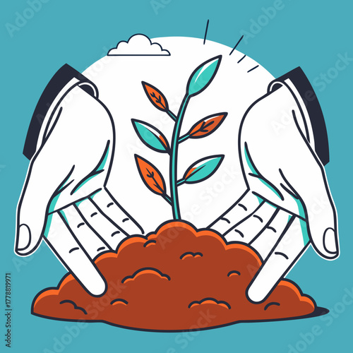 Hands nurturing a young plant growing in soil on a turquoise background  