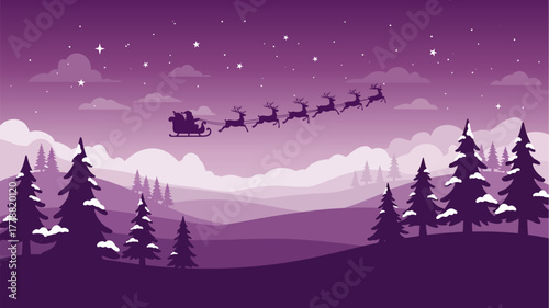Santa Claus in his sleigh pulled by reindeer flies across a purple winter landscape with snow-covered trees and starry sky.