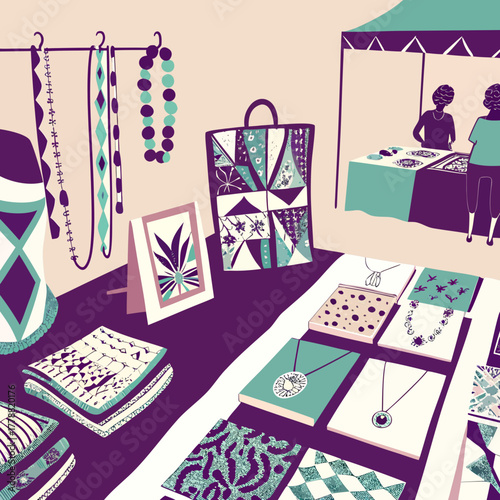 Colorful crafts display with handmade jewelry and art at market  