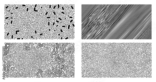 Set of four abstract seamless vector patterns hand drawn monochrome textures with lines dots and shapes