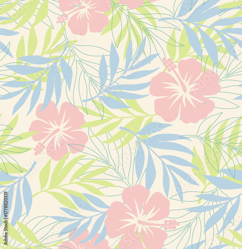 	
Vector seamless pattern Exotic wallpaper of tropical flowers green leaves of palm trees and flowers, hibiscus, artwork for fabrics, souvenirs, packaging, greeting cards	
