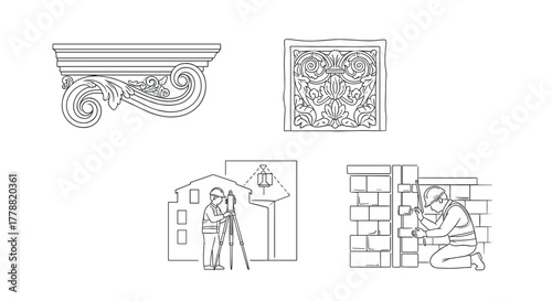 Architectural elements and construction scenes in outline style
