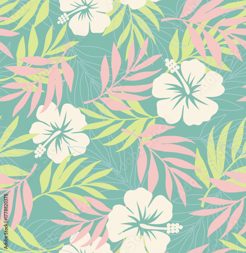 Vector seamless pattern Exotic wallpaper of tropical flowers green leaves of palm trees and flowers, hibiscus, artwork for fabrics, souvenirs, packaging, greeting cards	
