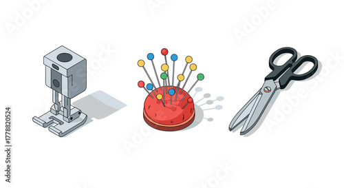 Sewing essentials in isometric style scissors, sewing machine foot, and pin cushion