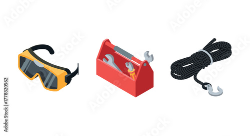 Isometric safety gear and tools goggles, toolbox, rope with hook for industrial use