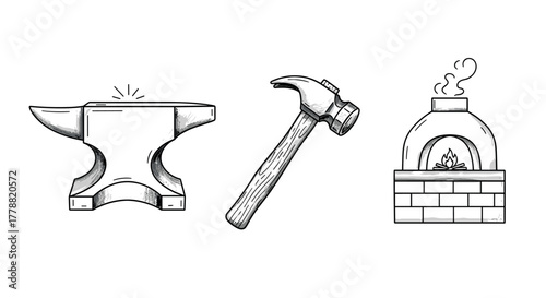 Smithing tools and forge elements anvil, hammer, and brick forge in engraved style