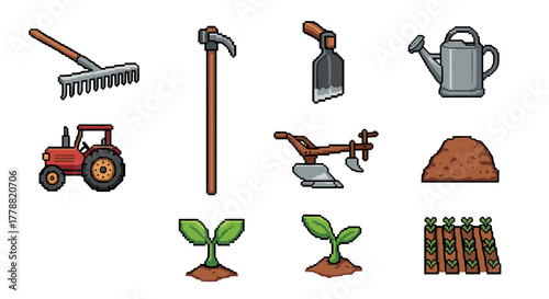 Pixel art farming tools and plants gardening icons and retro agriculture collection