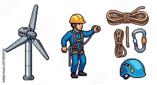 Wind turbine maintenance worker in pixel art with safety gear and equipment