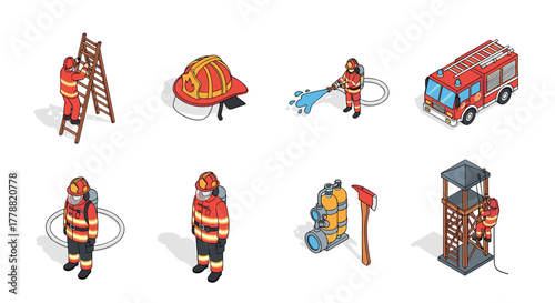 Isometric firefighting elements firefighters, equipment, and vehicles