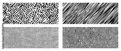 Set of four abstract seamless vector patterns monochrome grunge geometric and organic textures