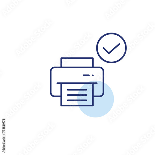 Printer and checkmark. Approved connection, secure signal, quality control passed. Pixel perfect, editable stroke vector icon