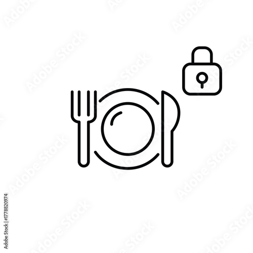 Fork, plate and lock. Food safety, secure dining, locked inventory. Pixel perfect, editable stroke vector icon