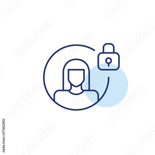Young woman user and lock. Secure account, privacy settings. Pixel perfect, editable stroke vector icon