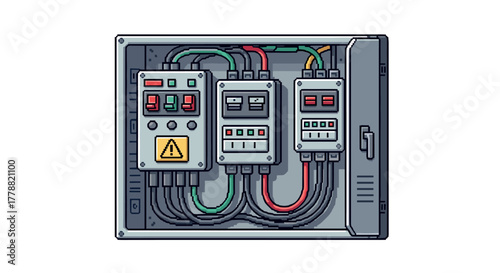 Retro pixel art electrical control panel with switches and cables