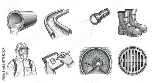 Industrial safety and infrastructure sketches of pipelines, safety gear, and tools