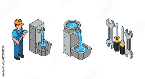 Isometric plumbing tools and modern fountain design