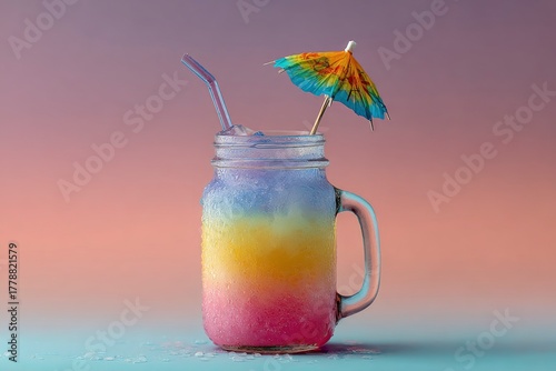Layered rainbow beverage in mason jar