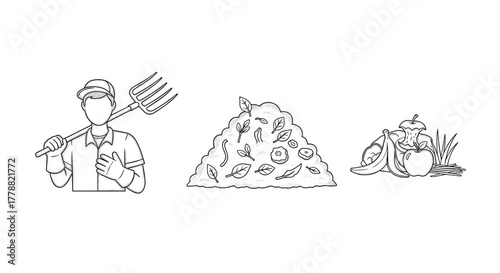Gardener with organic compost and fresh vegetables in minimalist line art