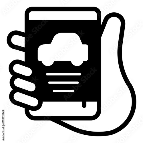 Smartphone with taxi app in hand solid icon, drivers permit concept. Vector graphics. Hand with phone, driving sign on white background, style icon mobile or web design.
