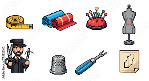 Pixel art sewing tools and accessories collection for fashion design enthusiasts