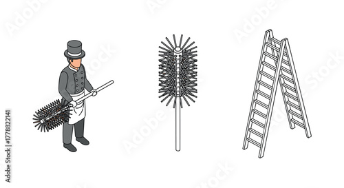 Chimney sweep tools and ladder in isometric design with victorian character