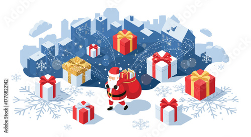 Festive santa in winter city with floating gifts and snowflakes