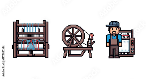 Vintage textile machinery in pixel art style with worker