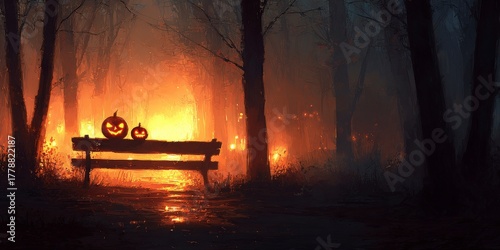 Two jack o lanterns on a bench in a misty forest with an orange glow behind the trees at night time