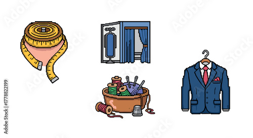 Tailor shop pixel art measuring tape, sewing tools, and formal suit display